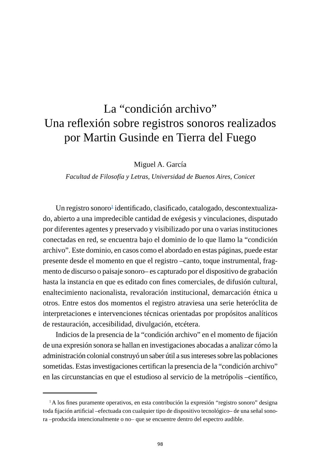 La “Condición Archivo” Una Reflexión Sobre Registros Sonoros Realizados Por Martin Gusinde En Tierra Del Fuego