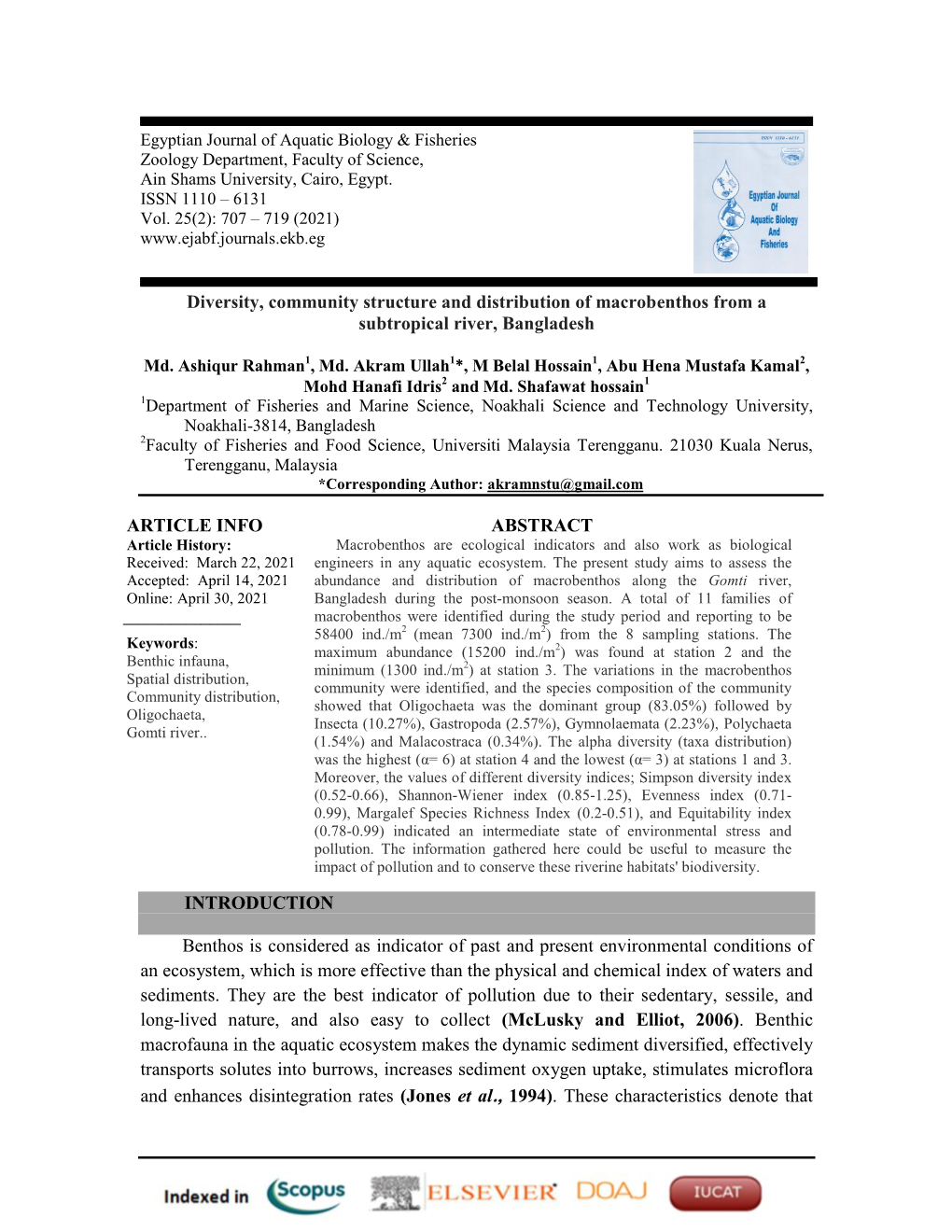 Diversity, Community Structure and Distribution of Macrobenthos from a Subtropical River, Bangladesh INTRODUCTION Benthos Is