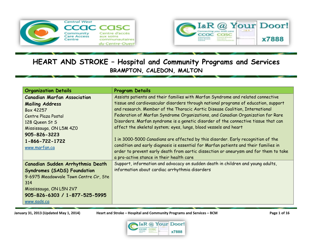 HEART and STROKE – Hospital and Community Programs and Services BRAMPTON, CALEDON, MALTON