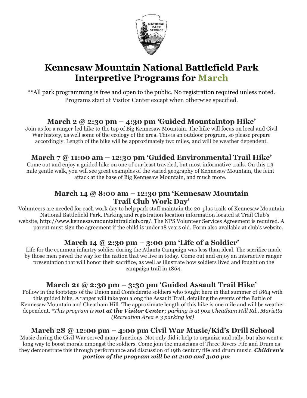 Kennesaw Mountain National Battlefield Park Interpretive Programs for March