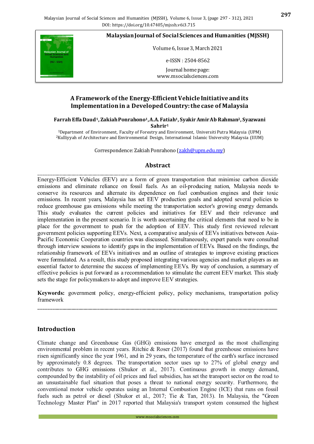 A Framework of the Energy-Efficient Vehicle Initiative and Its Implementation in a Developed Country: the Case of Malaysia