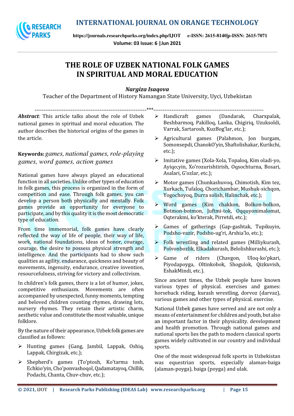 The Role of Uzbek National Folk Games in Spiritual and Moral Education