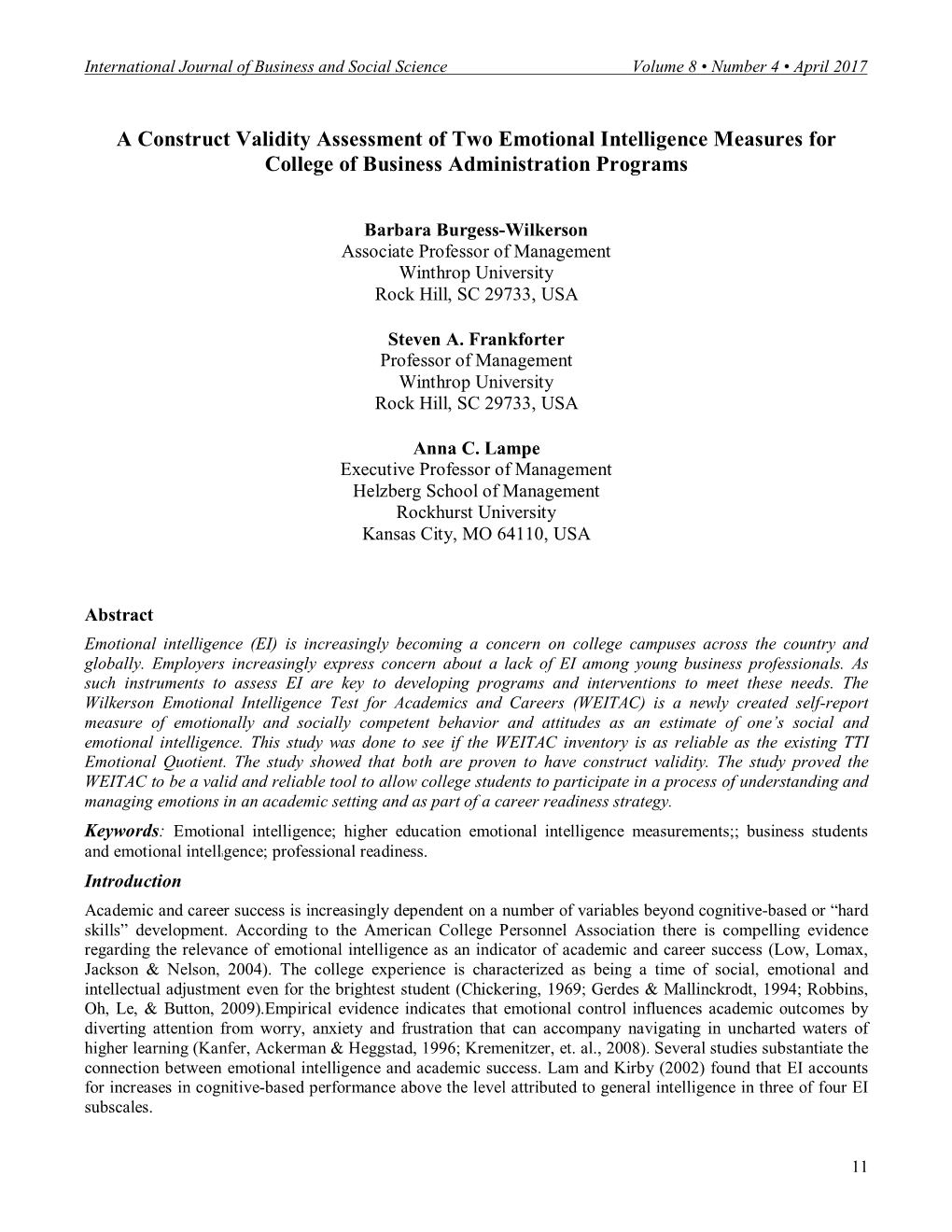 A Construct Validity Assessment of Two Emotional Intelligence Measures for College of Business Administration Programs