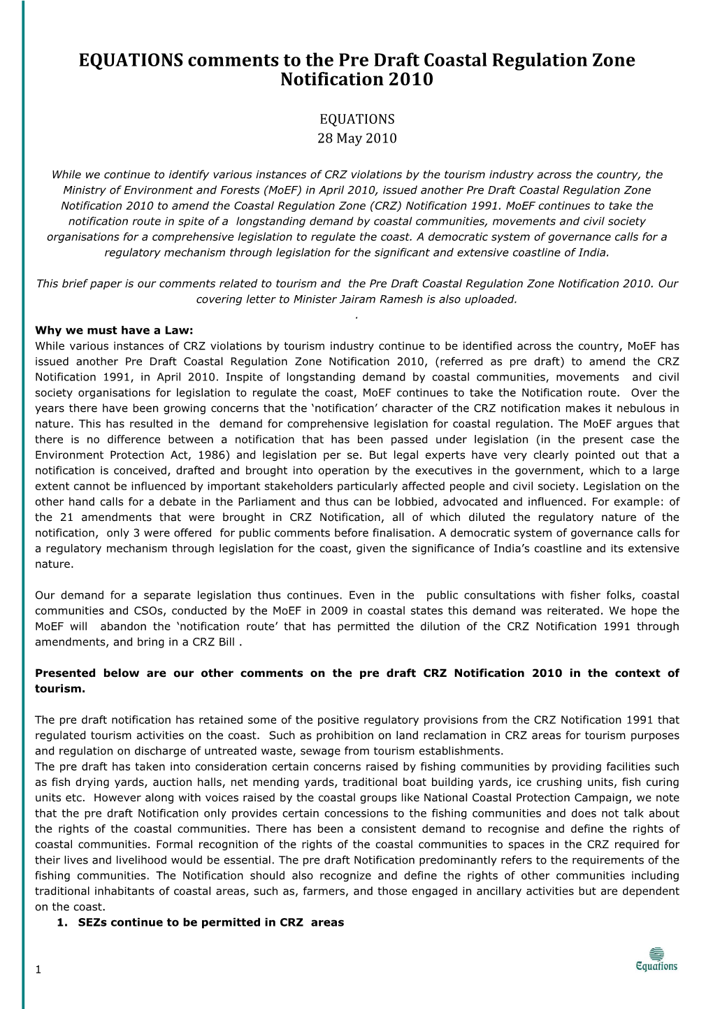 EQUATIONS Comments to the Pre Draft Coastal Regulation Zone Notification 2010