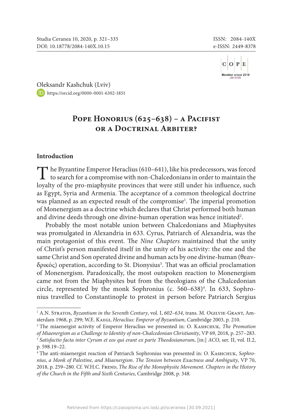 Pope Honorius (625–638) – a Pacifist Or a Doctrinal Arbiter?