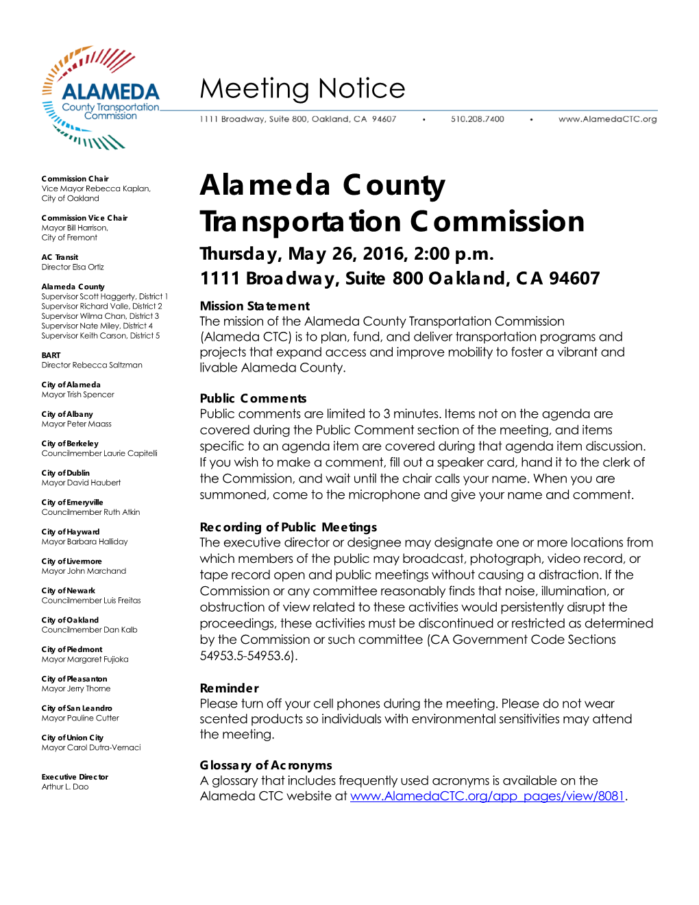 Alameda County Transportation Commission Staffing Organizational Chart May 2016