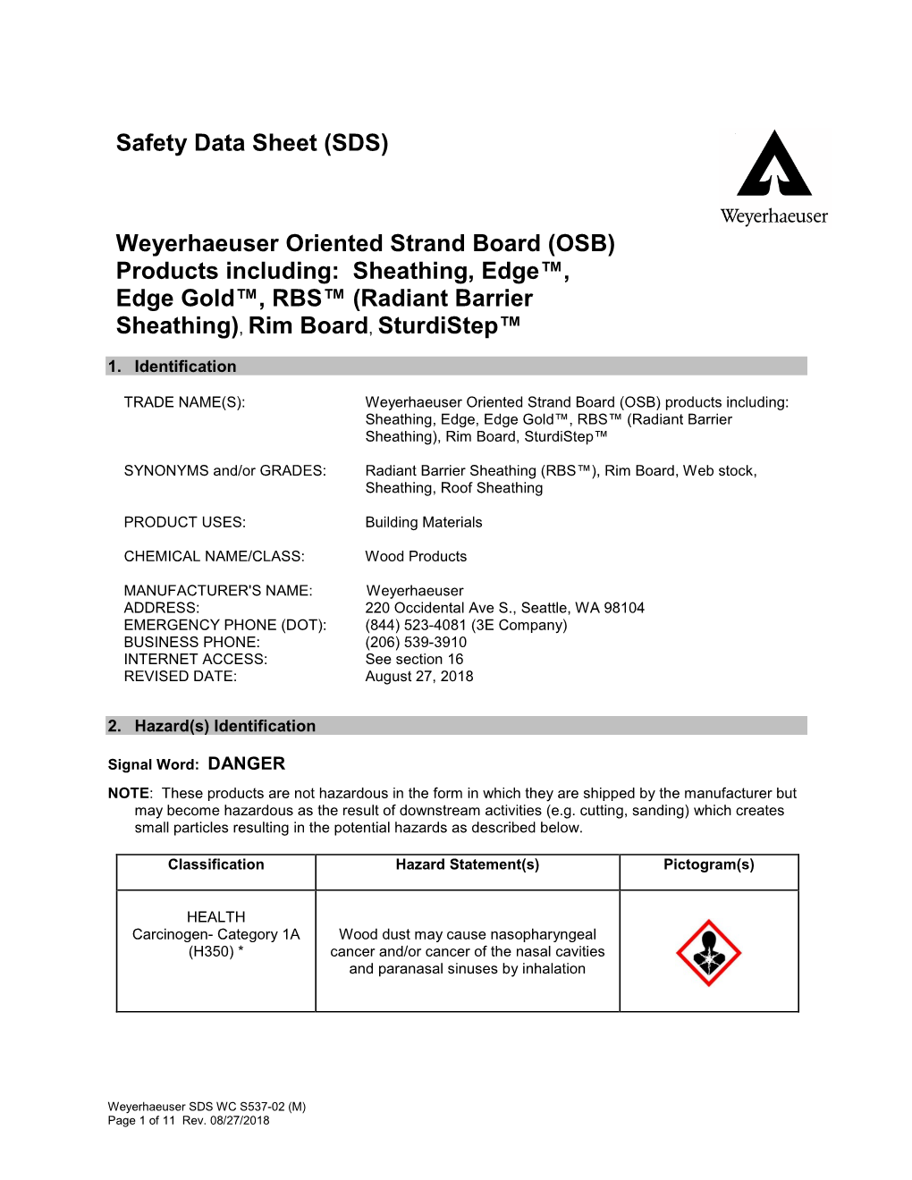 (SDS) Weyerhaeuser Oriented Strand Board (OSB) Products Including