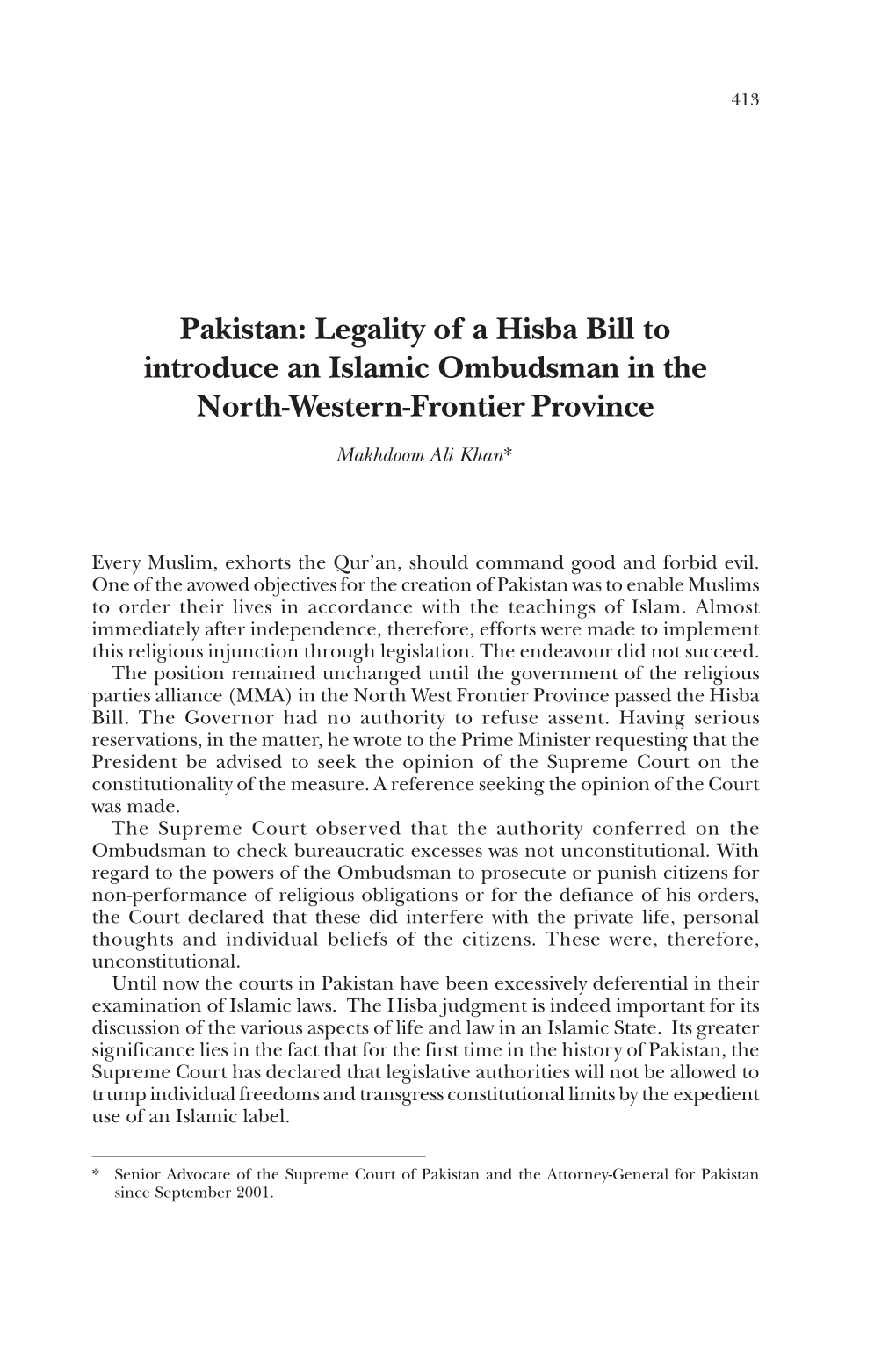 Legality of a Hisba Bill to Introduce an Islamic Ombudsman in the North-Western-Frontier Province