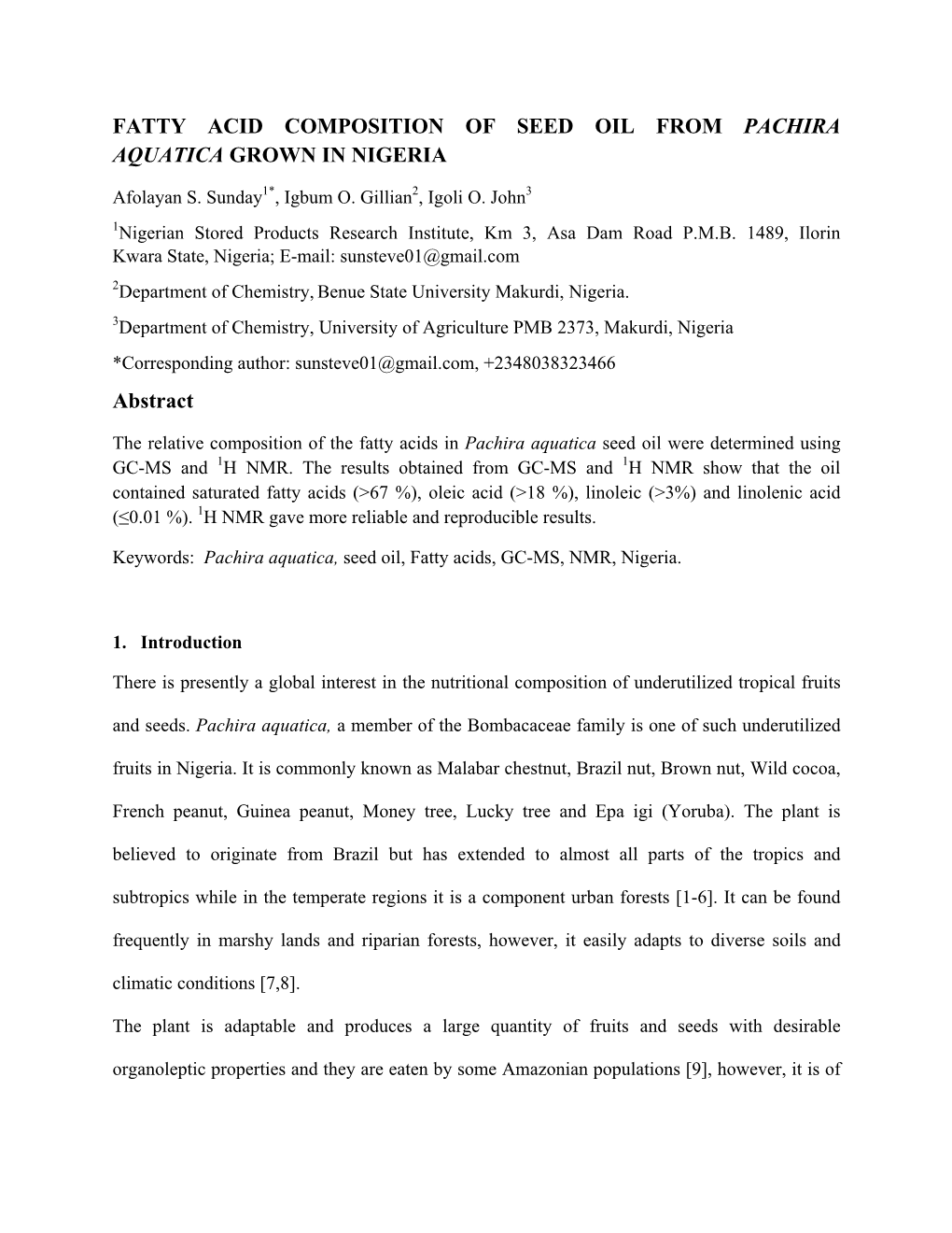 Fatty Acid Composition of Seed Oil from Pachira Aquatica Grown in Nigeria