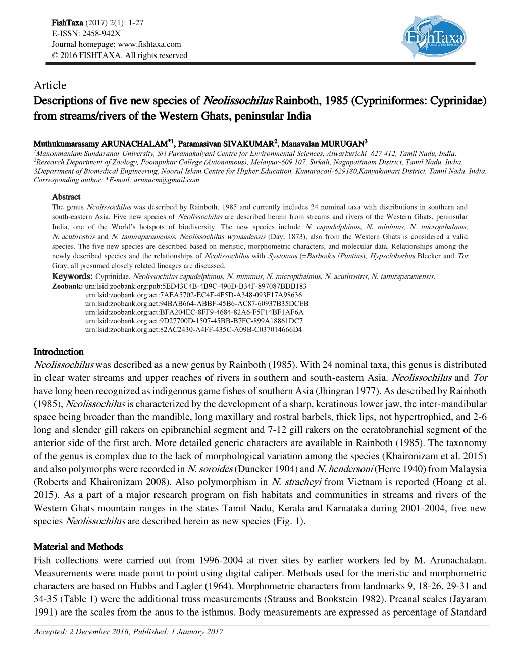 Article Descriptions of Five New Species of Neolissochilus Rainboth, 1985 (Cypriniformes: Cyprinidae) from Streams/Rivers of the Western Ghats, Peninsular India