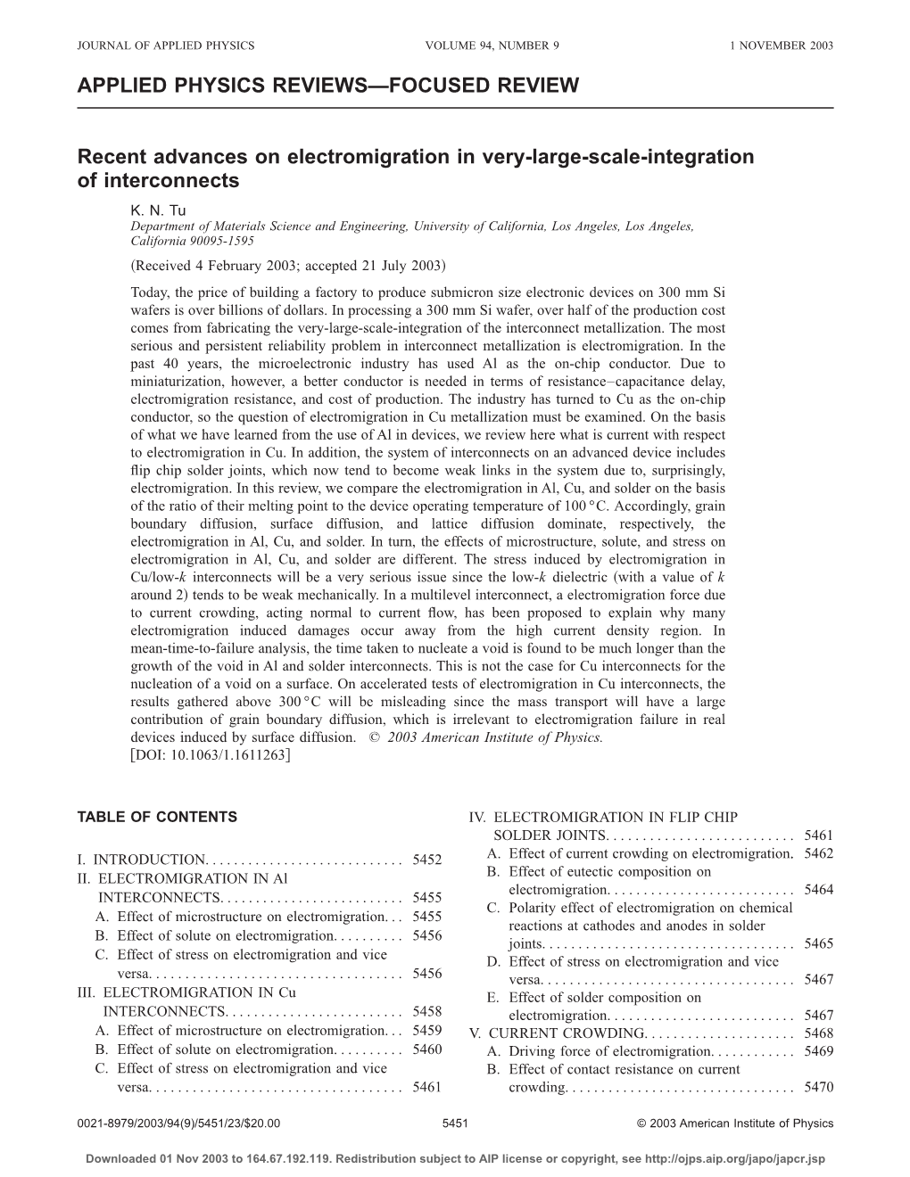 Recent Advances on Electromigration in Very-Large-Scale-Integration of Interconnects K