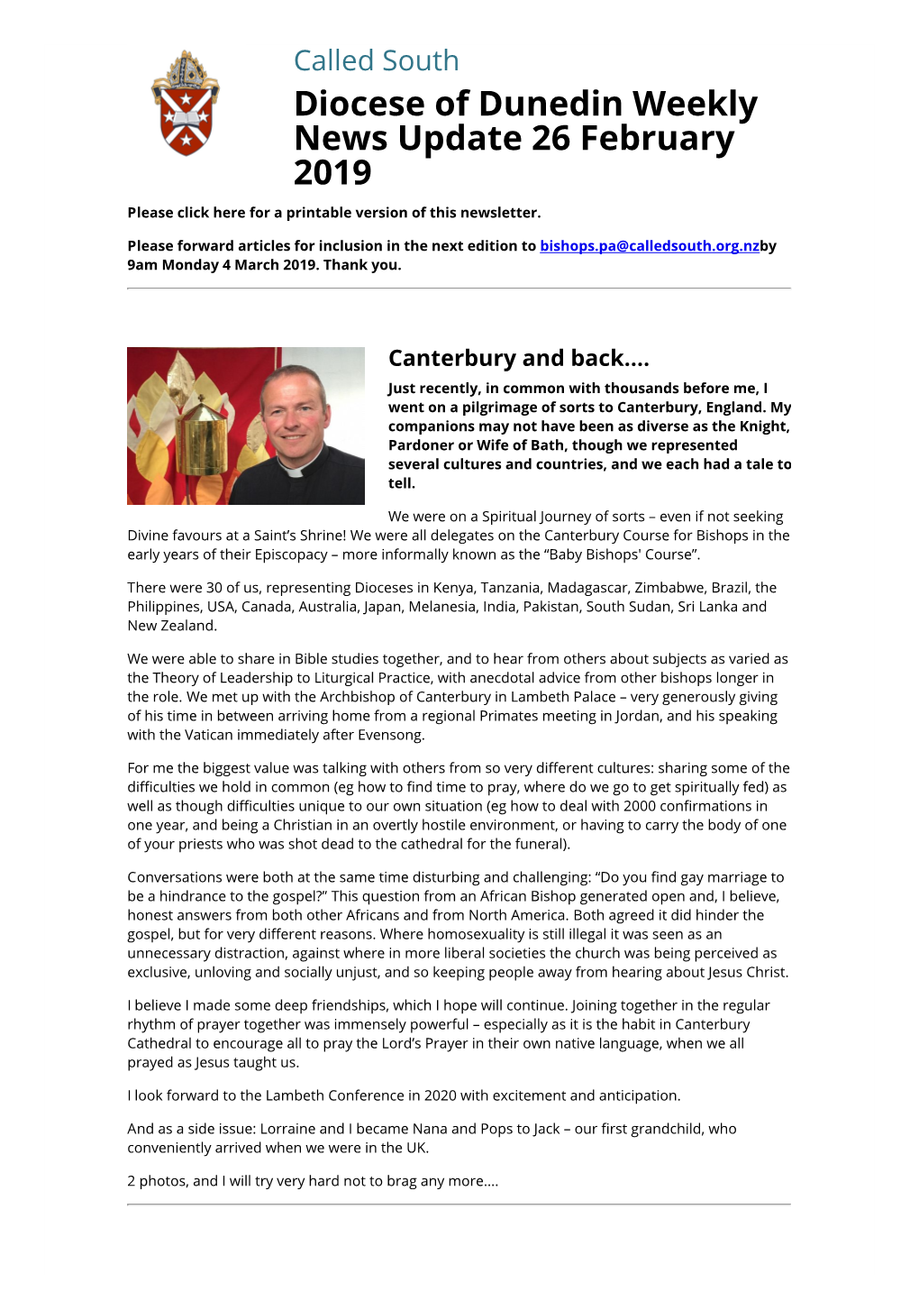 Diocese of Dunedin Weekly News Update 26 February 2019 by Called South