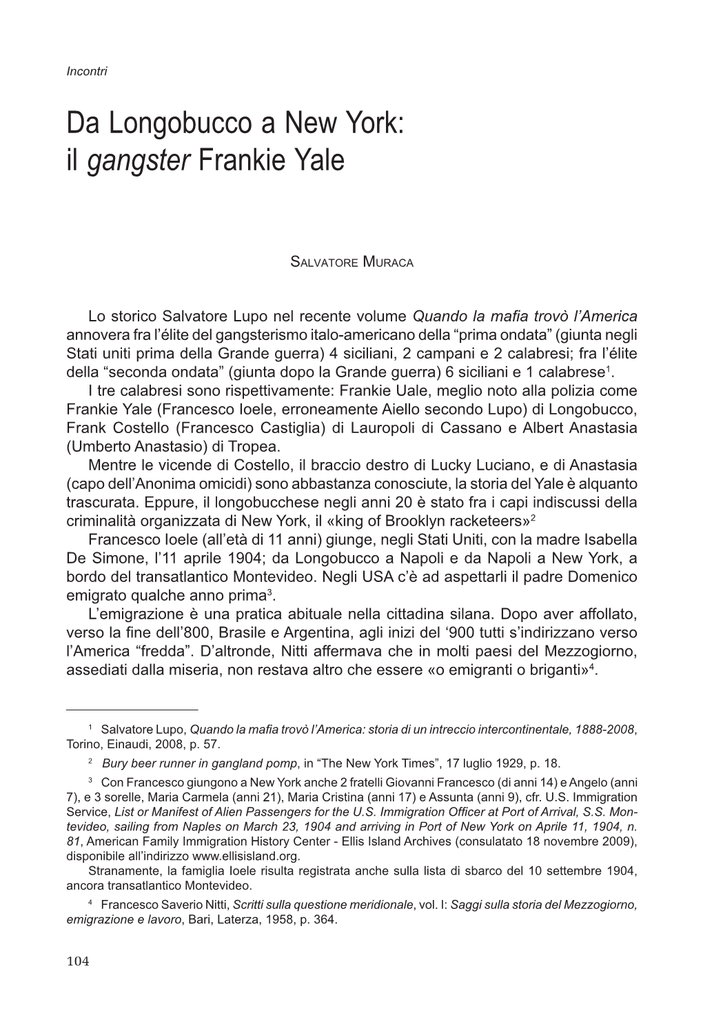 Da Longobucco a New York: Il Gangster Frankie Yale