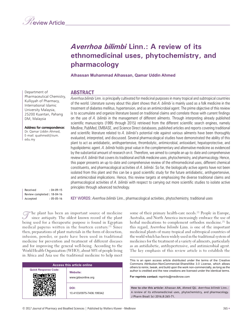 Averrhoa Bilimbi Linn.: a Review of Its Ethnomedicinal Uses, Phytochemistry, and Pharmacology