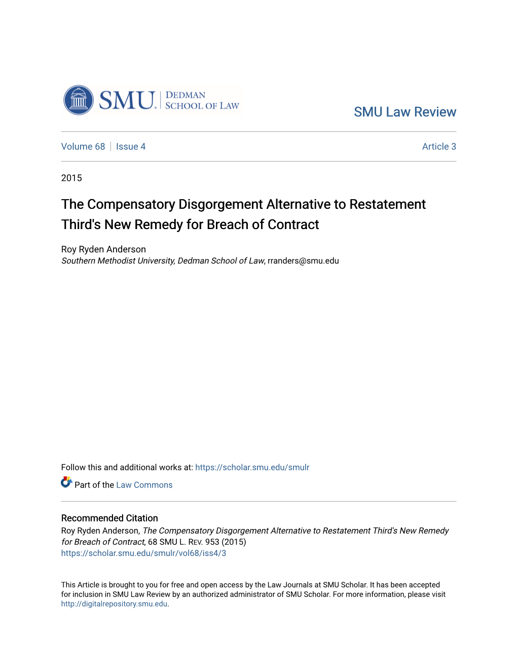 The Compensatory Disgorgement Alternative to Restatement Third's New Remedy for Breach of Contract