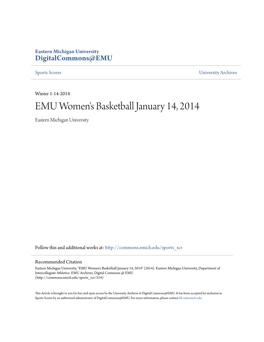 EMU Women's Basketball January 14, 2014 Eastern Michigan University