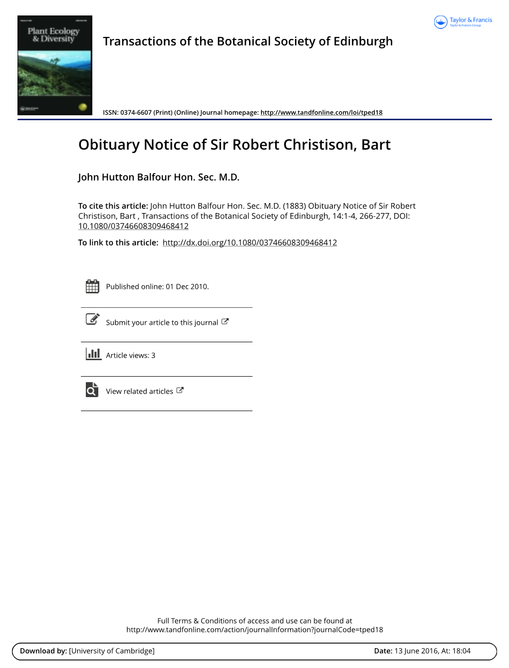 Obituary Notice of Sir Robert Christison, Bart