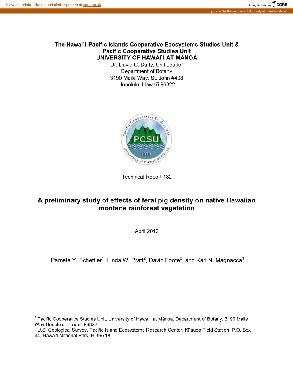 A Preliminary Study of Effects of Feral Pig Density on Native Hawaiian Montane Rainforest Vegetation