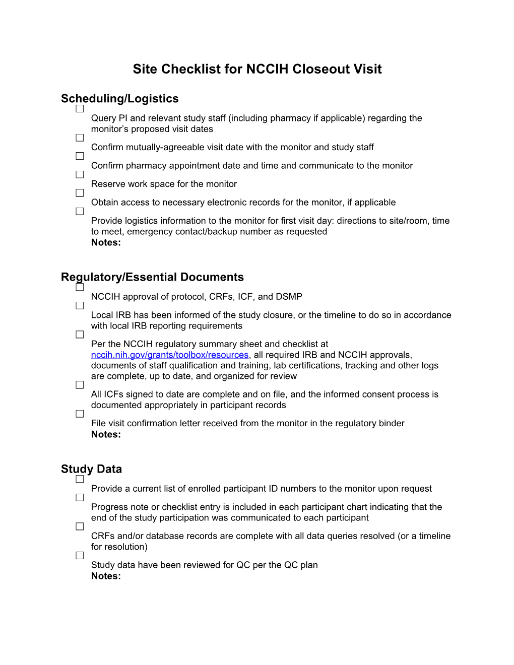 Site Checklist for NCCIH Closeout Visit