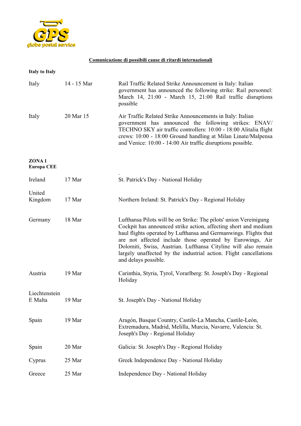 15 Mar Rail Traffic Related Strike Announcement in Italy