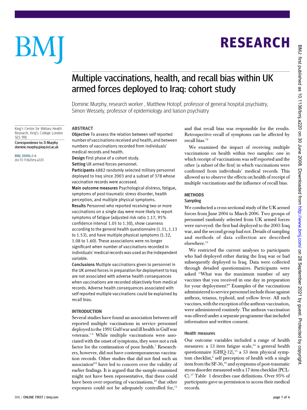 Multiple Vaccinations, Health, and Recall Bias Within UK Armed Forces Deployed to Iraq: Cohort Study
