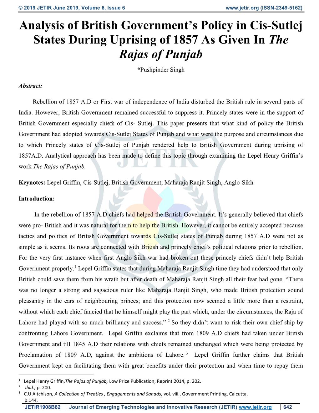 Analysis of British Government's Policy in Cis-Sutlej States During