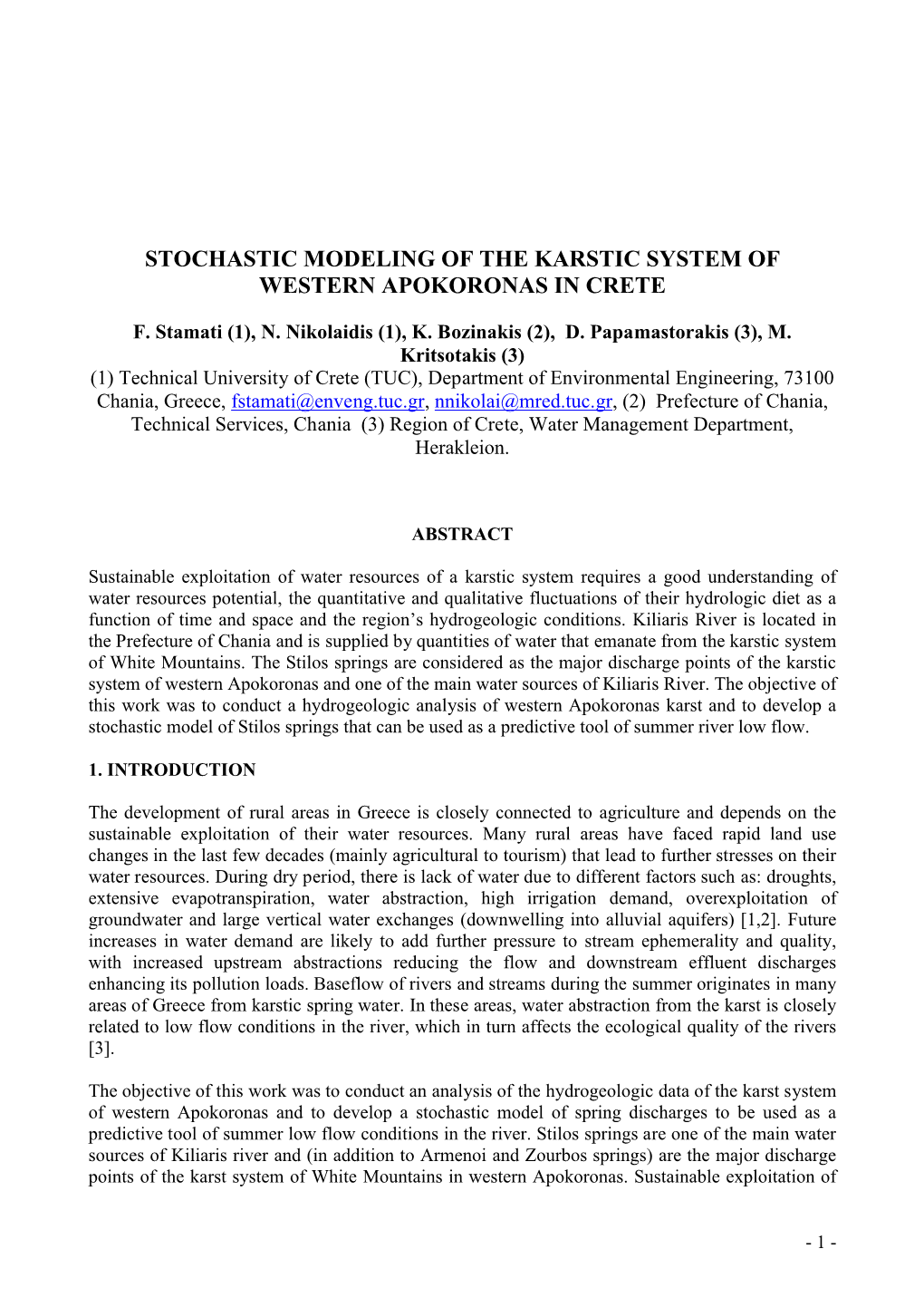 Stochastic Modeling of the Karstic System of Western Apokoronas in Crete