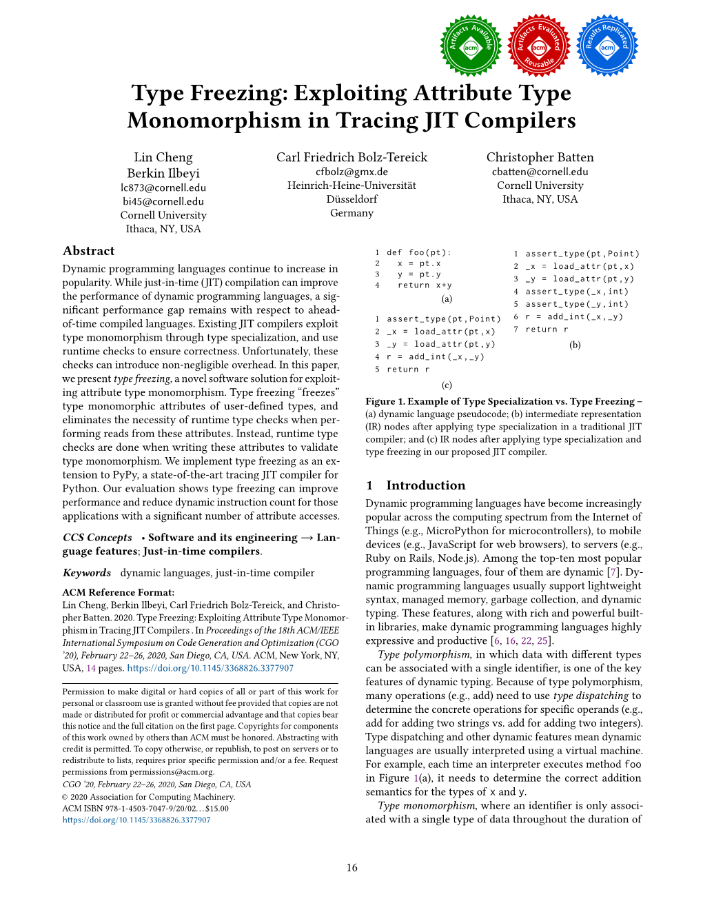 Type Freezing: Exploiting Attribute Type Monomorphism in Tracing JIT Compilers