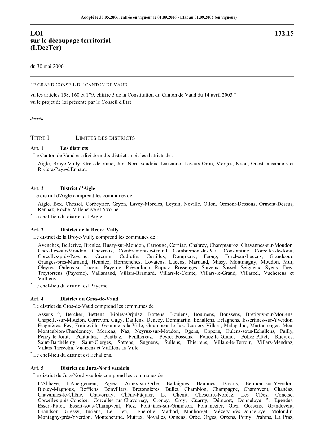 LOI 132.15 Sur Le Découpage Territorial (Ldecter) Du 30 Mai 2006