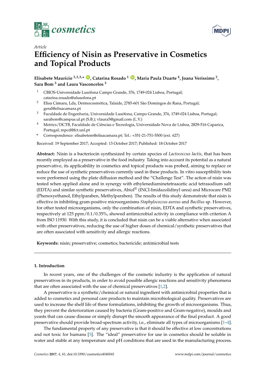 Efficiency of Nisin As Preservative in Cosmeticsand Topical Products