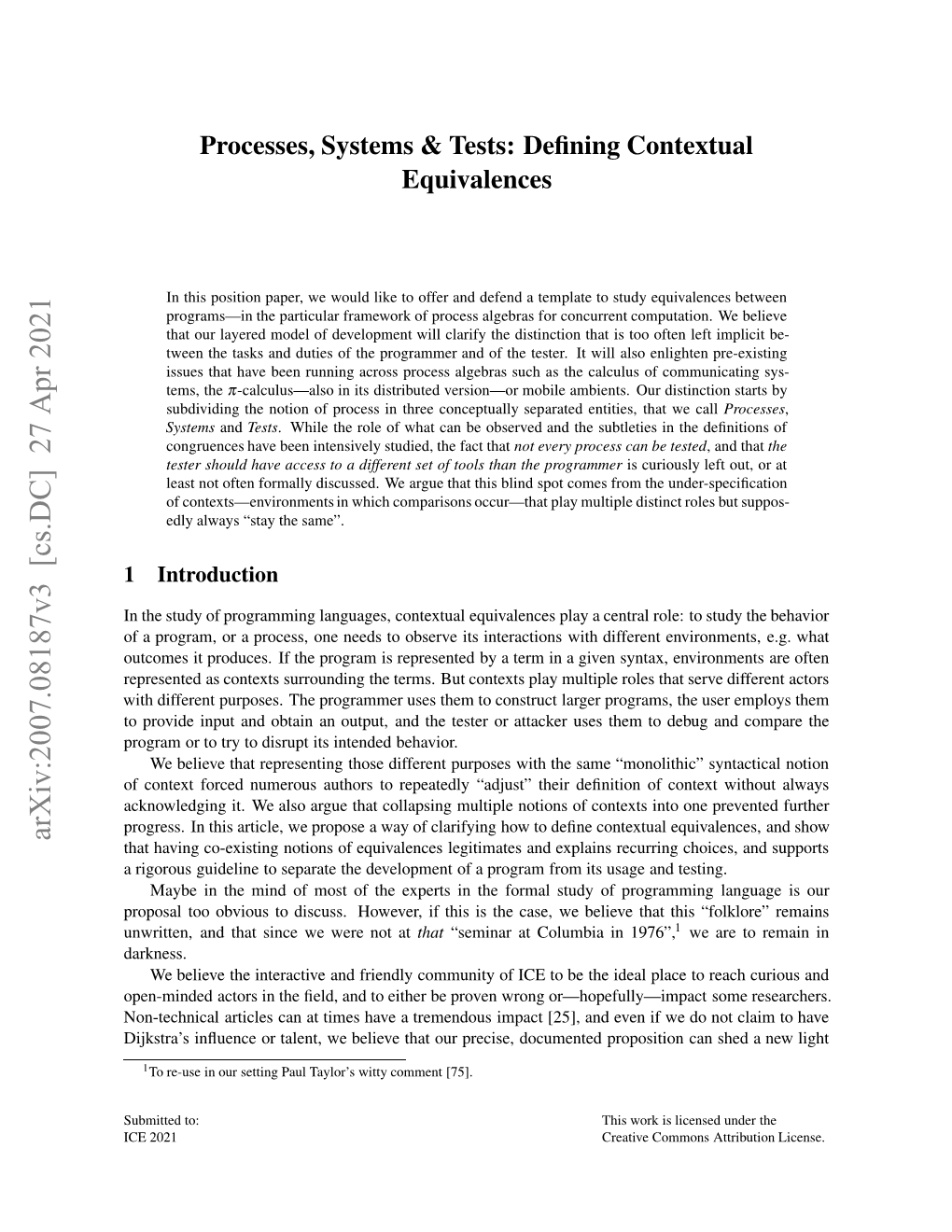 Processes, Systems & Tests: Defining Contextual Equivalences