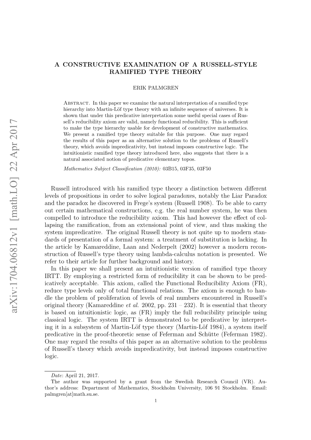 A Constructive Examination of a Russell-Style Ramified Type Theory 3