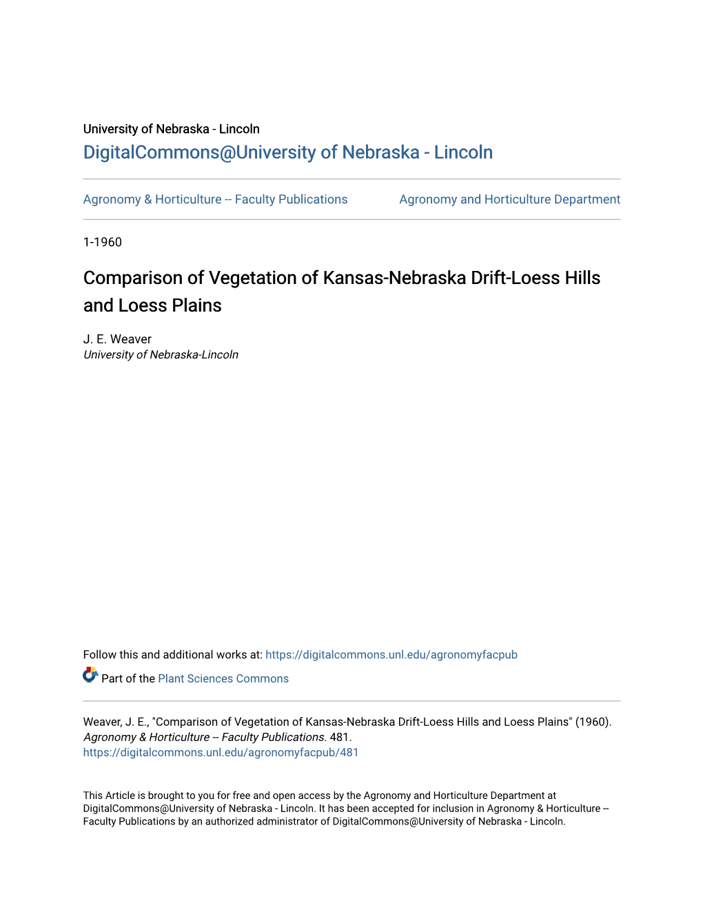 Comparison of Vegetation of Kansas-Nebraska Drift-Loess Hills and Loess Plains