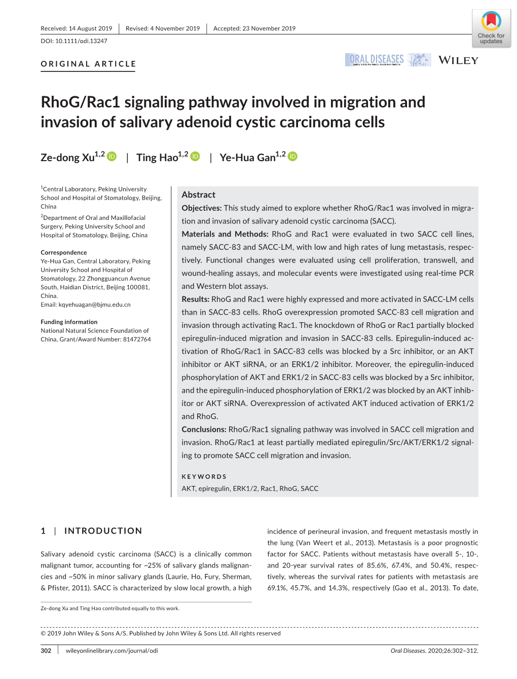 Rhog/Rac1 Signaling Pathway Involved in Migration and Invasion of Salivary Adenoid Cystic Carcinoma Cells