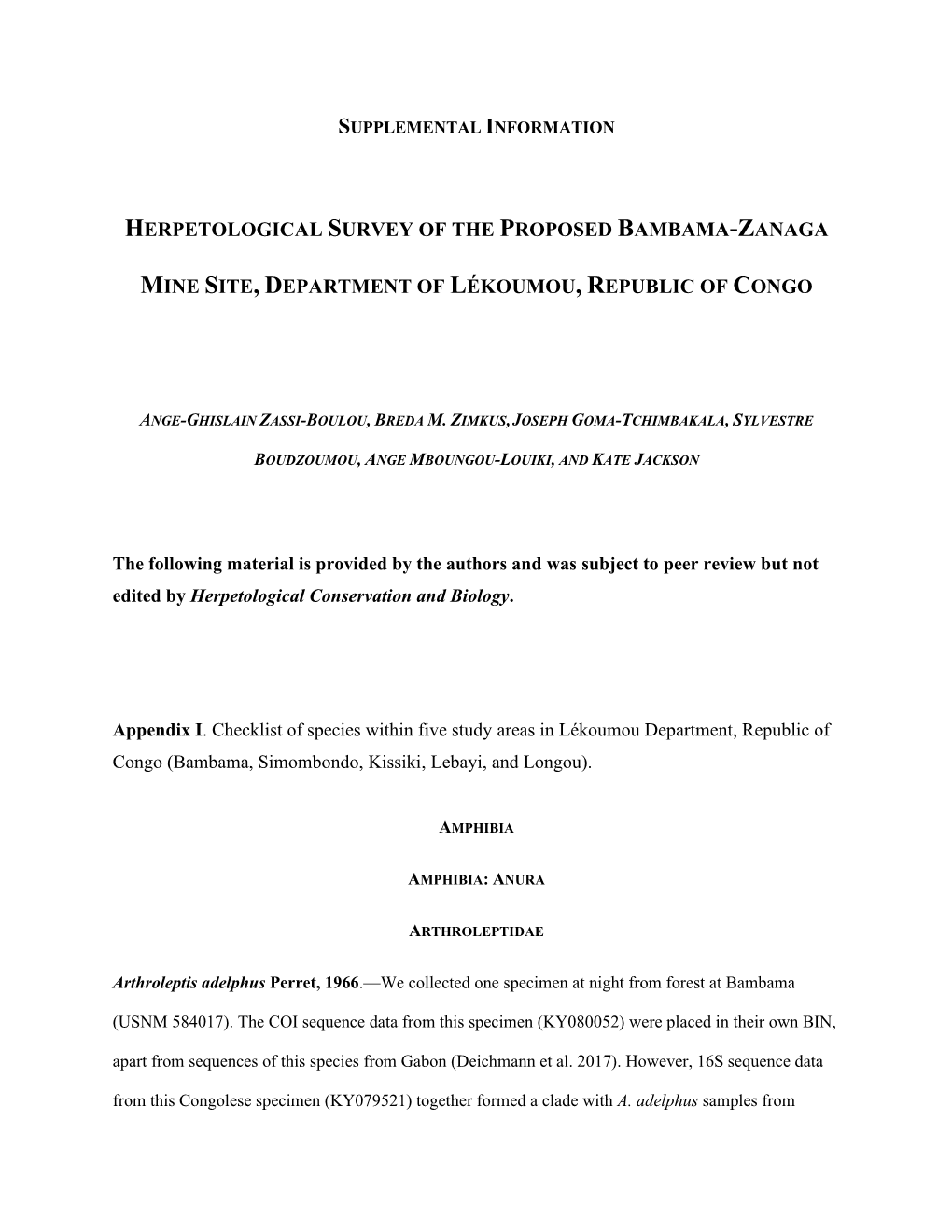 Herpetological Survey of the Proposed Bambama-Zanaga