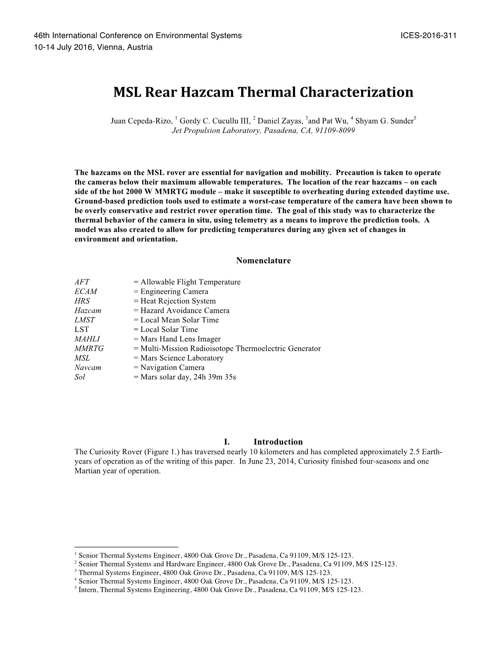 MSL Rear Hazcam Thermal Characterization