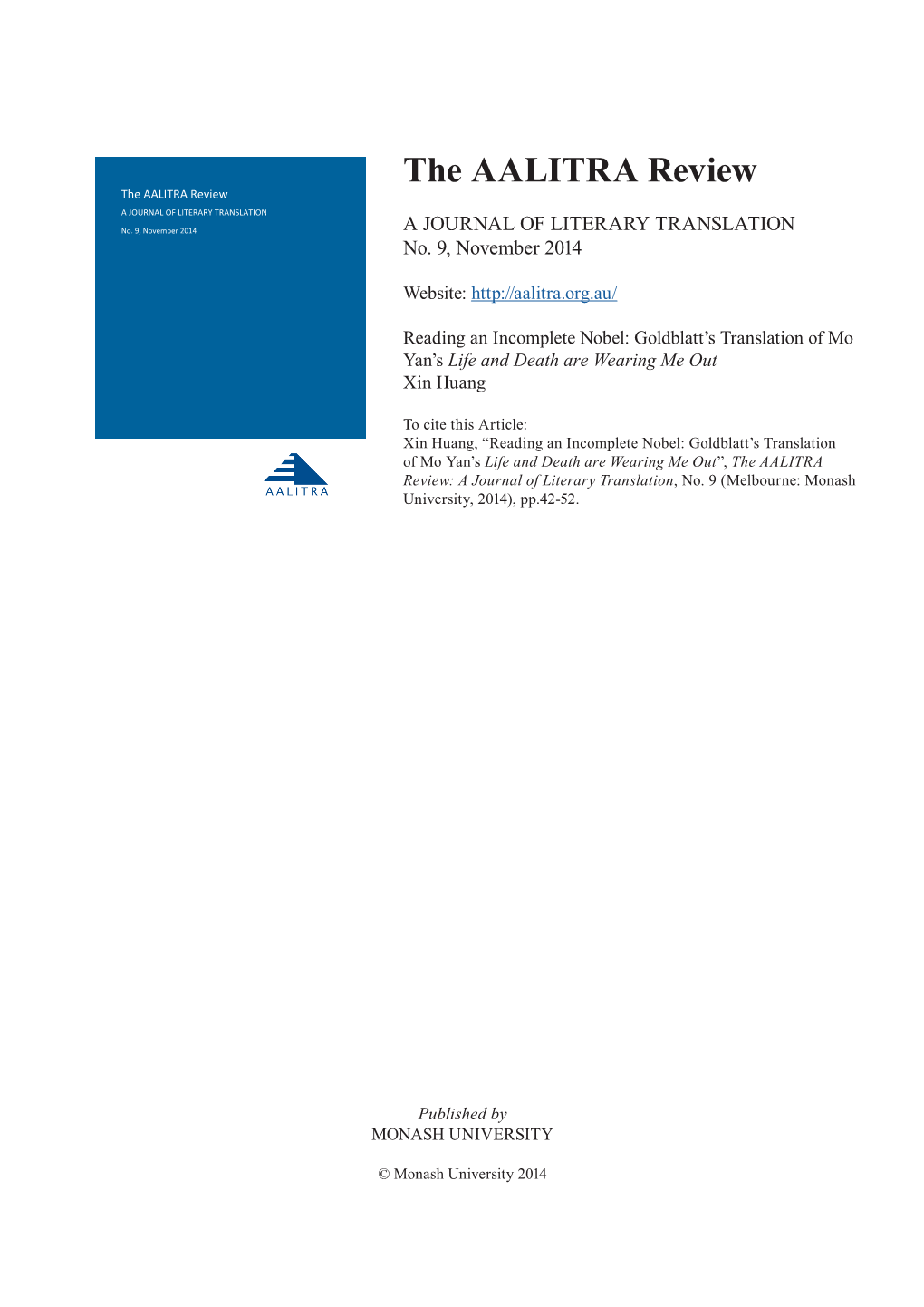 The AALITRA Review the AALITRA Review a JOURNAL of LITERARY TRANSLATION