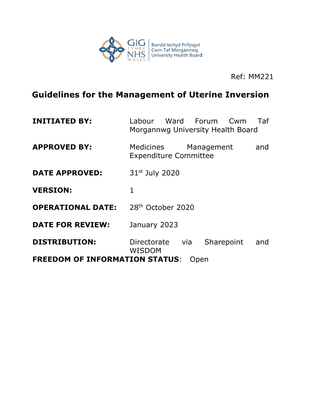 Guidelines for the Management of Uterine Inversion