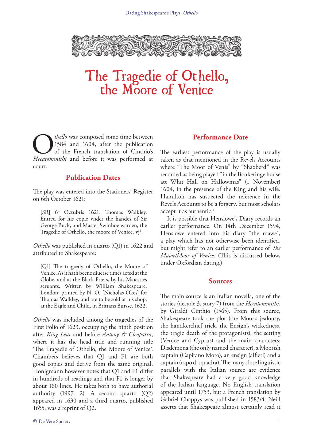 The Tragedie of Othello, the Moore of Venice