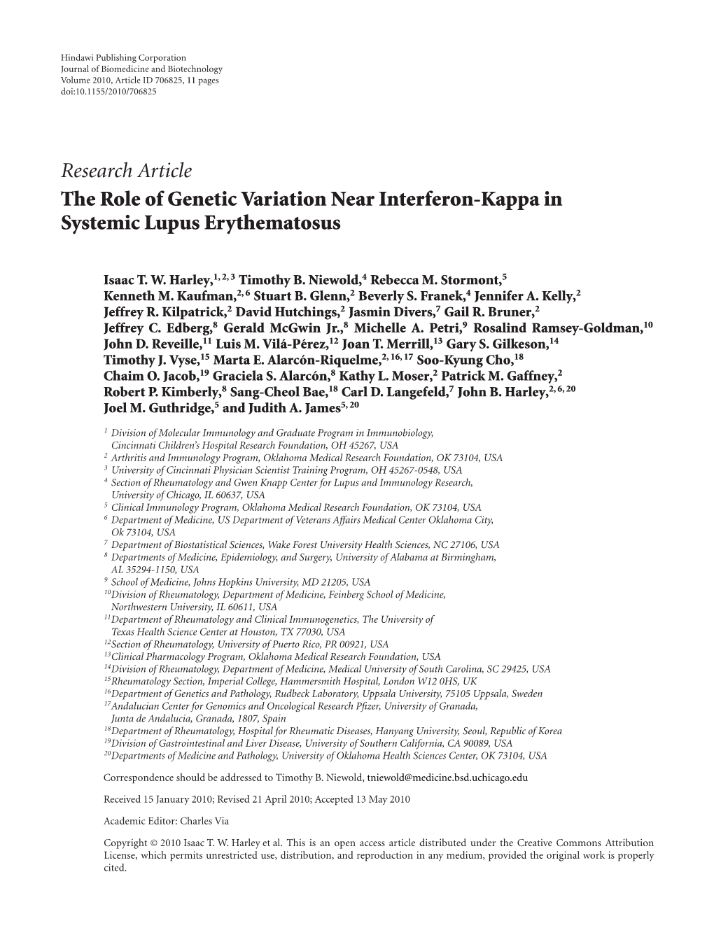 Research Article the Role of Genetic Variation Near Interferon-Kappa in Systemic Lupus Erythematosus