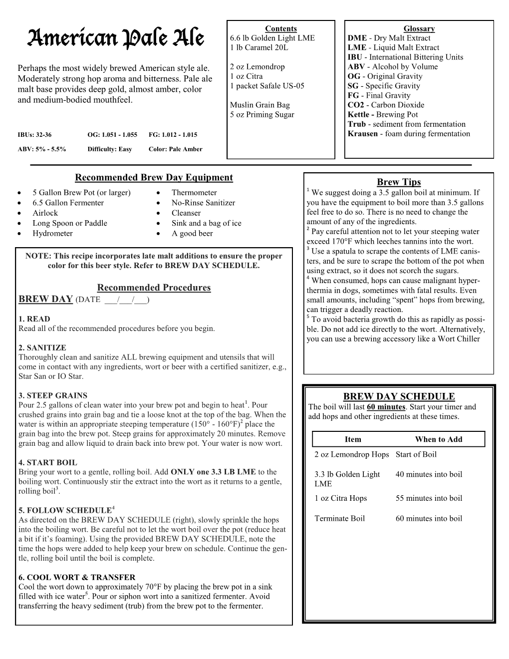 American Pale Ale – Recipe Sheet