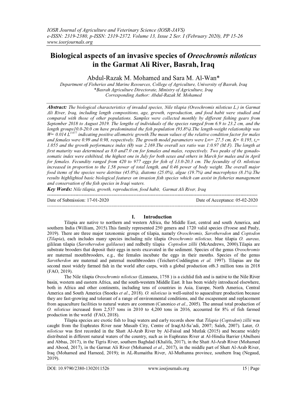 Biological Aspects of an Invasive Species of Oreochromis Niloticus in the Garmat Ali River, Basrah, Iraq