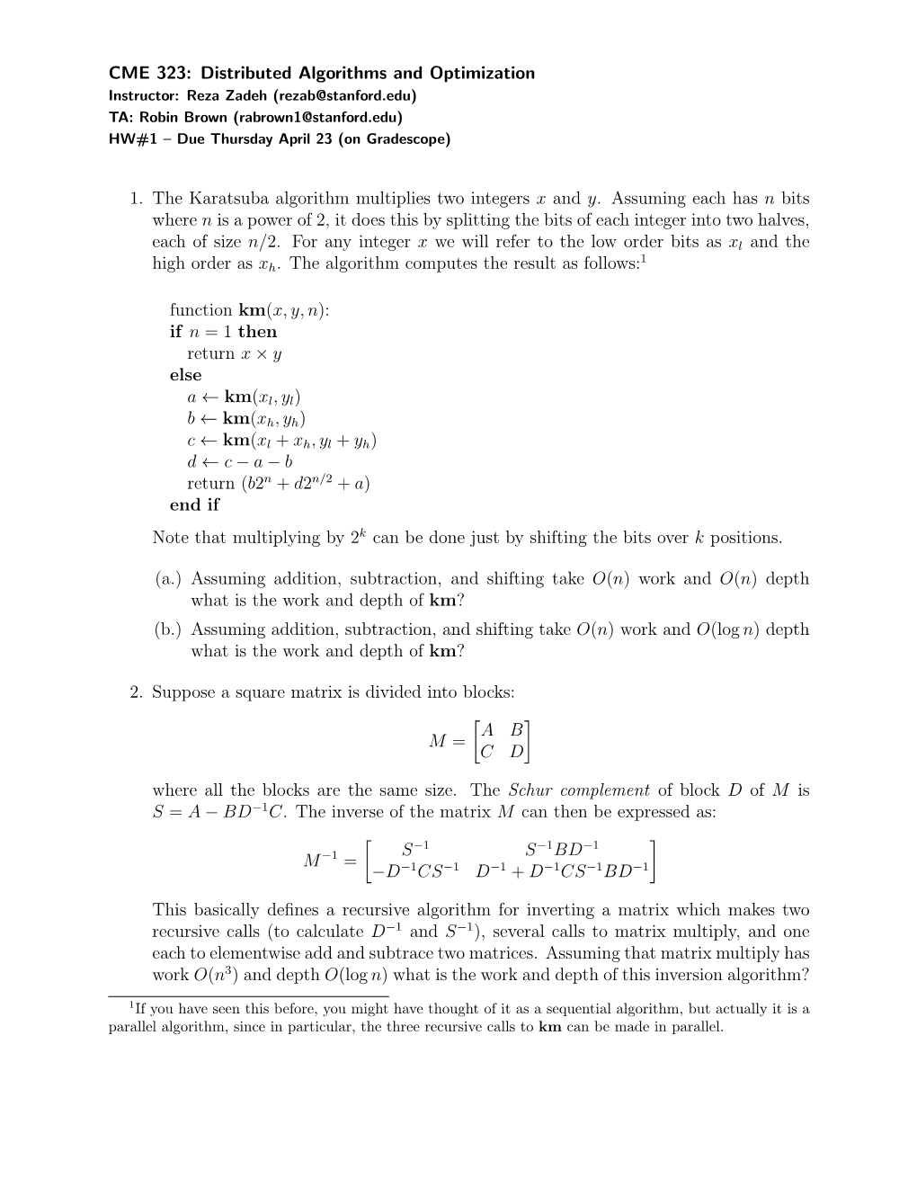 CME 323: Distributed Algorithms and Optimization 1. the Karatsuba