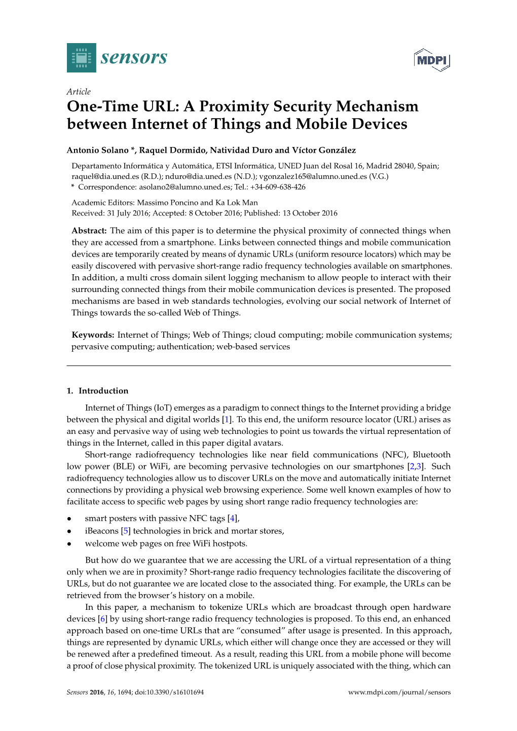 One-Time URL: a Proximity Security Mechanism Between Internet of Things and Mobile Devices