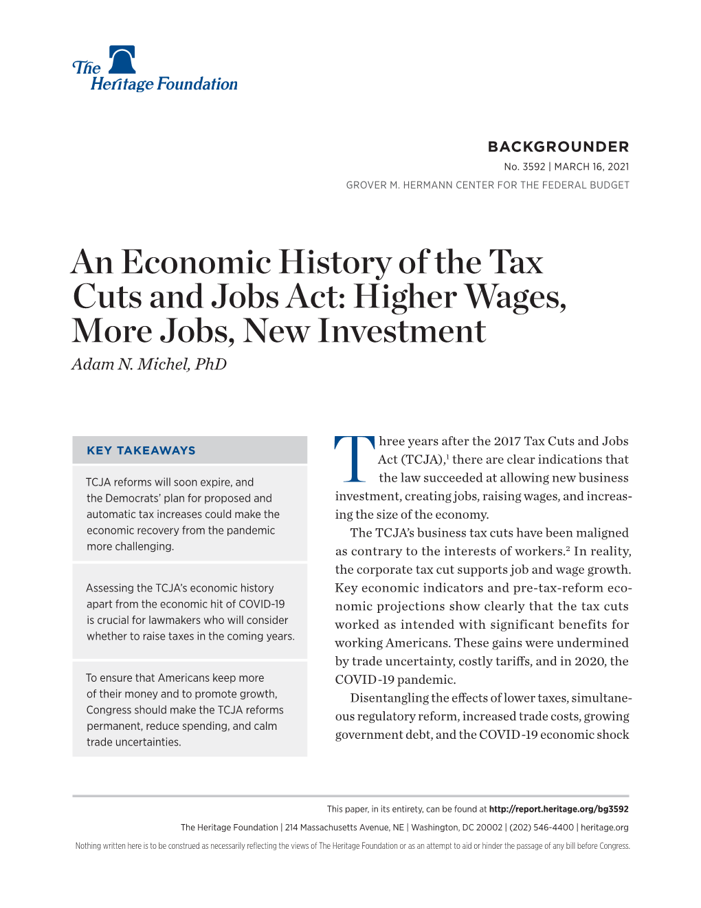An Economic History of the Tax Cuts and Jobs Act: Higher Wages, More Jobs, New Investment Adam N