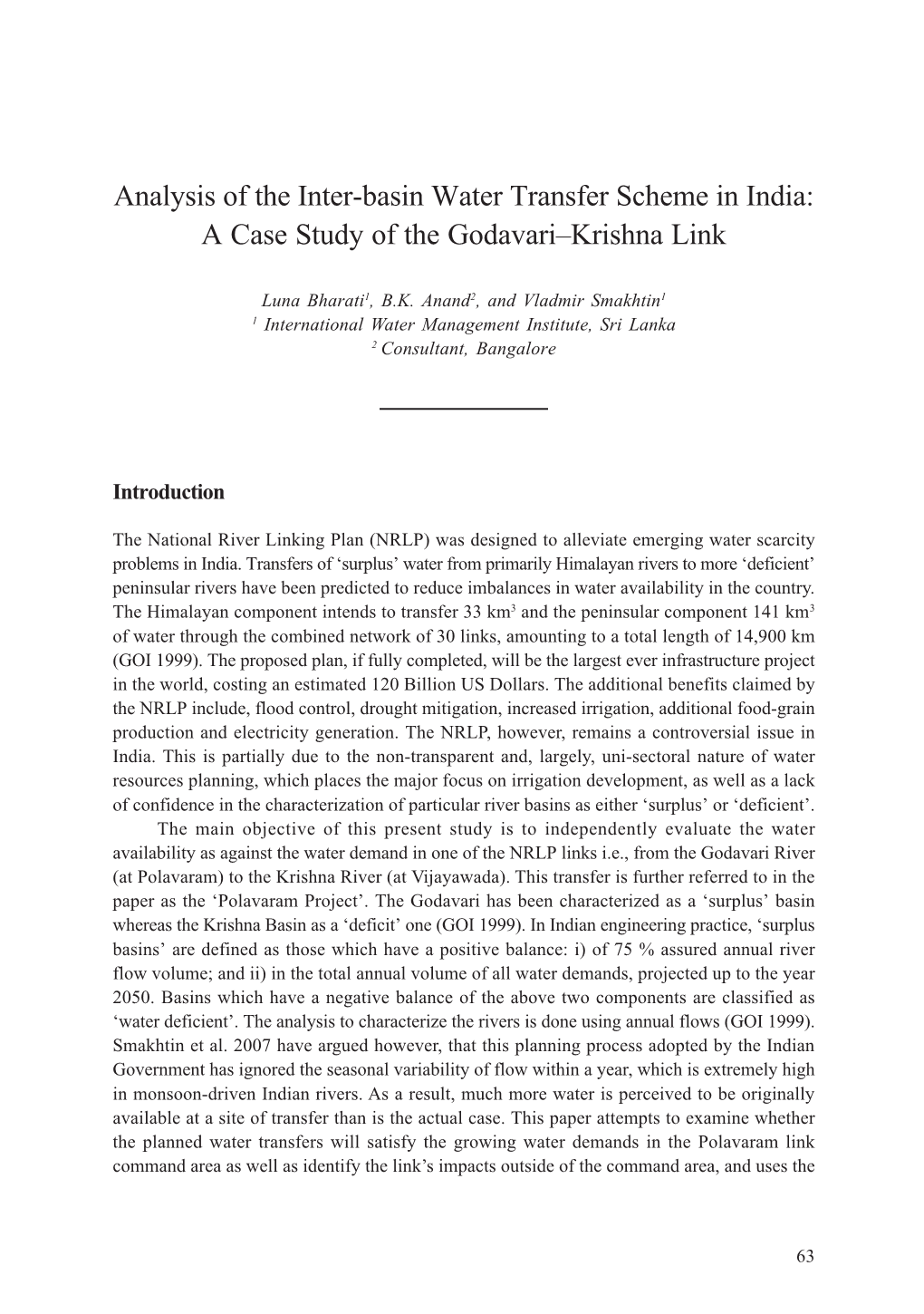Analysis of the Inter-Basin Water Transfer Scheme in India: a Case Study of the Godavari–Krishna Link