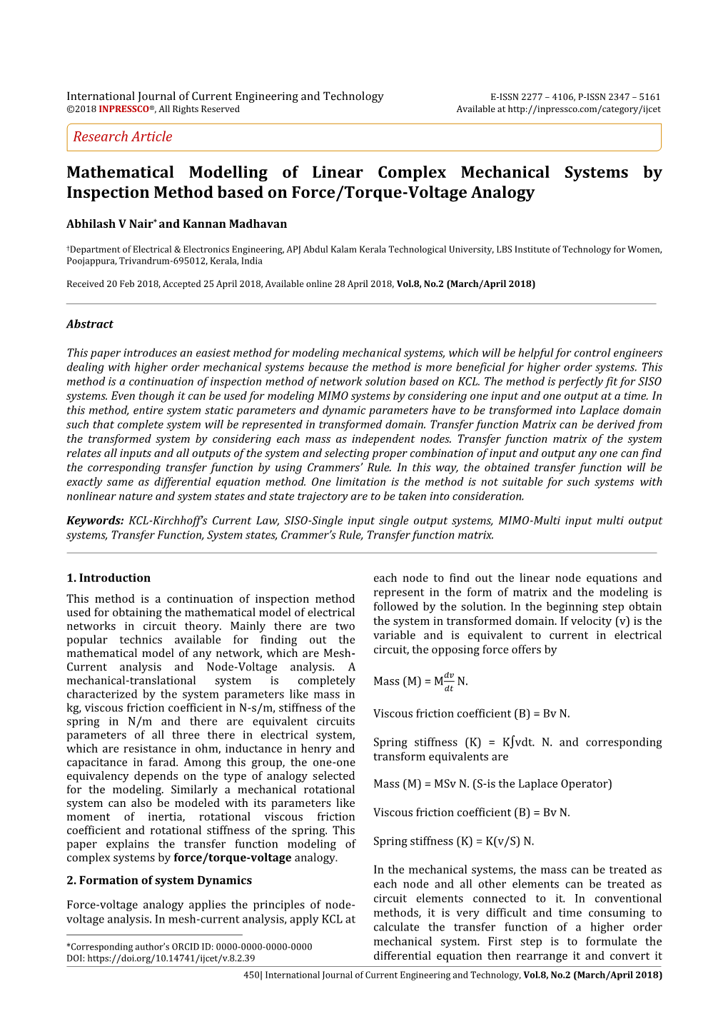 Mathematical Modelling of Linear Complex Mechanical Systems by Inspection Method Based on Force/Torque-Voltage Analogy