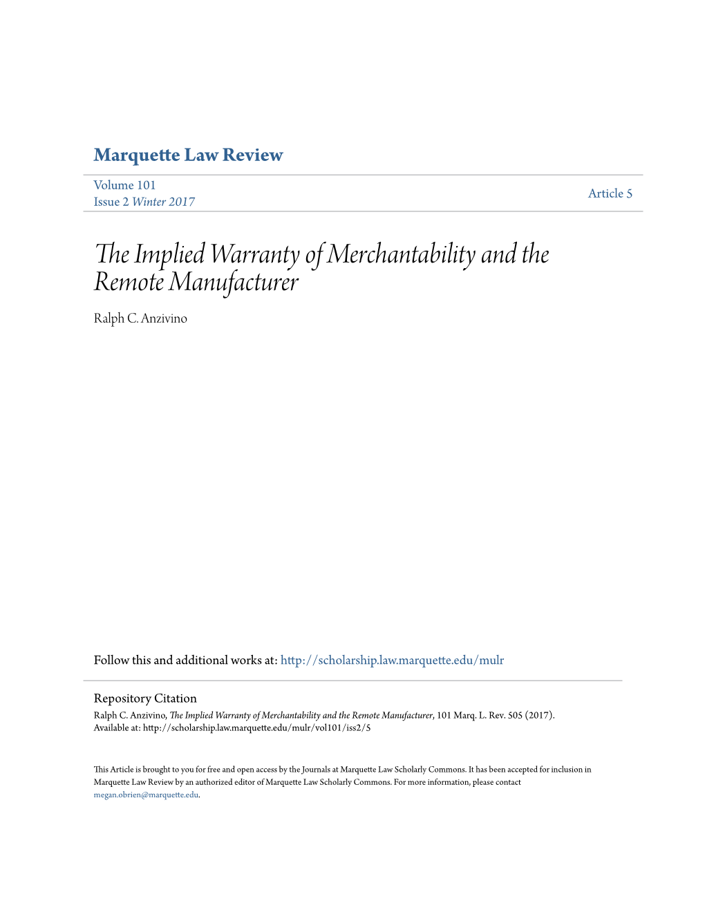 &lt;I&gt;The Implied Warranty of Merchantability and the Remote