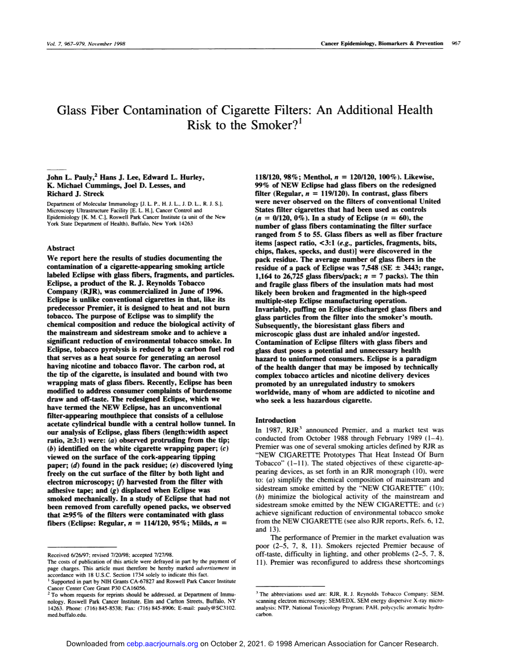 Glass Fiber Contamination of Cigarette Filters: an Additional Health Risk to the Smoker?’