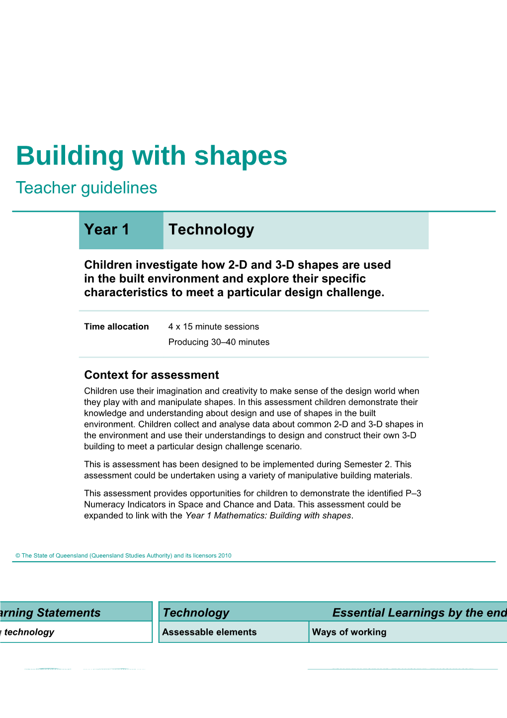 Year 1 Technology Assessment Teacher Guidelines Building with Shapes - Technology Queensland